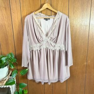 Suzanne Betro Mauve Lace Trim Swiss Dot Peplum Blouse 3X Babydoll Boho‎